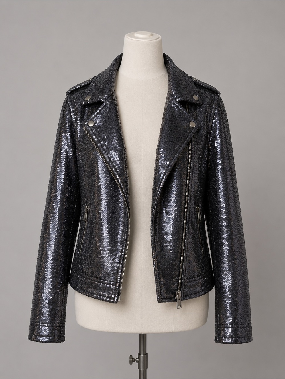 AS by DF Black Sequin Moto Jacket Women’s Small Full Zip Glam Party Sparkle